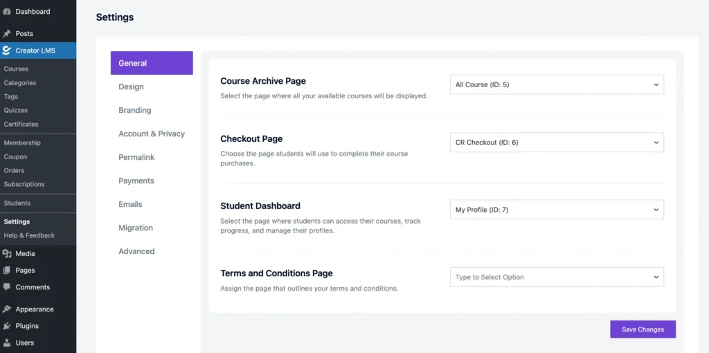 Settings | Creator LMS