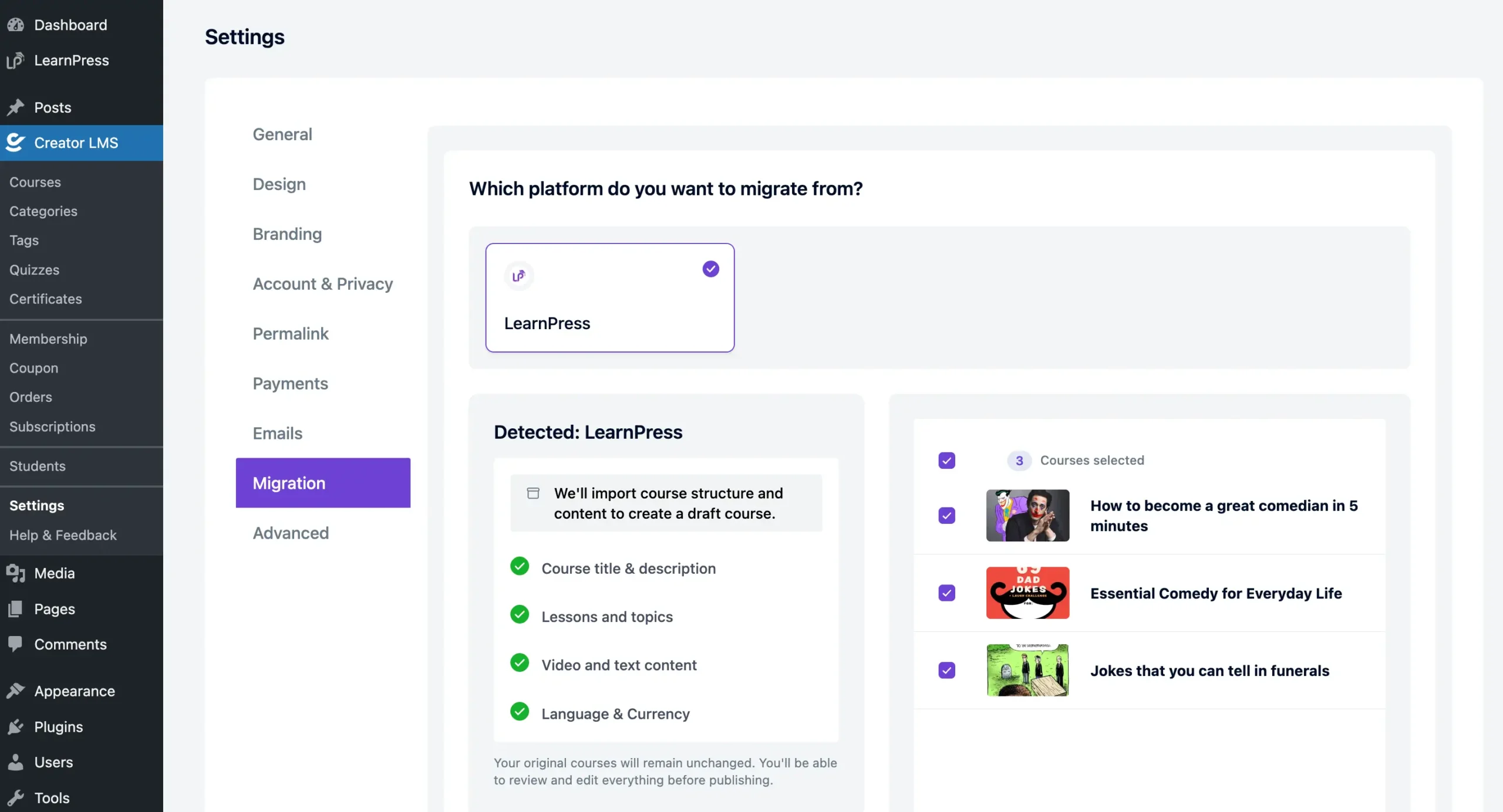 Settings 13 Creator LMS Migration Empty Not scaled