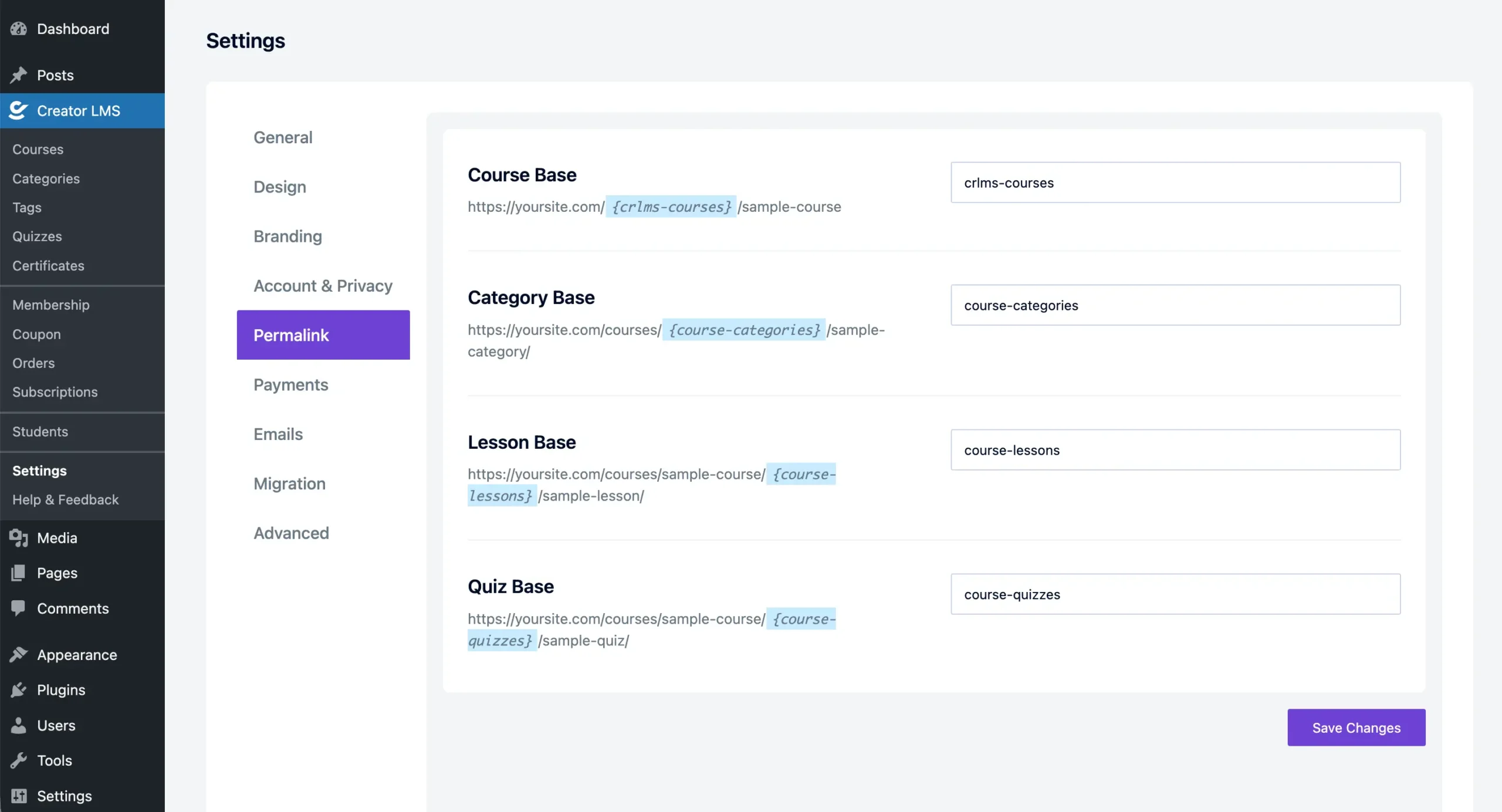 Settings 7 Creator LMS Permalink Settings scaled