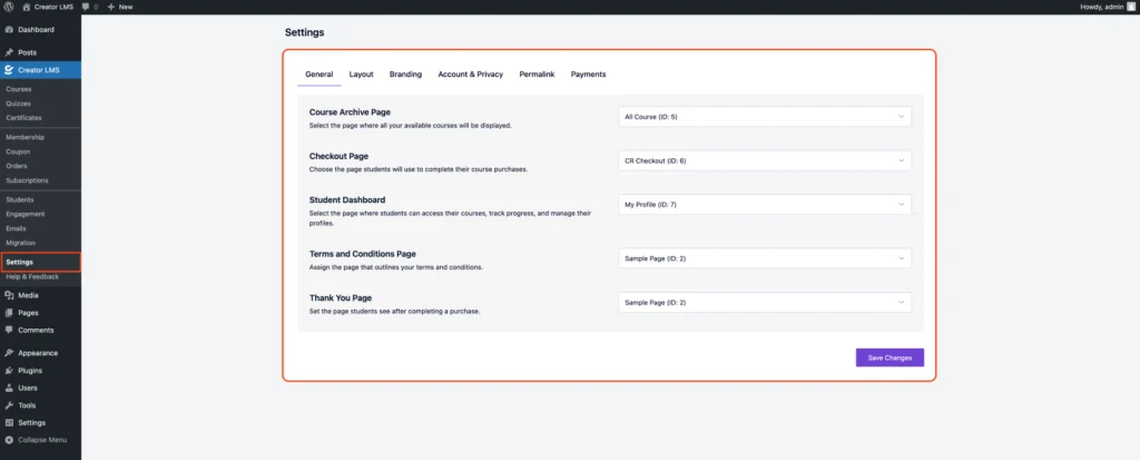 General Settings Creator LMS