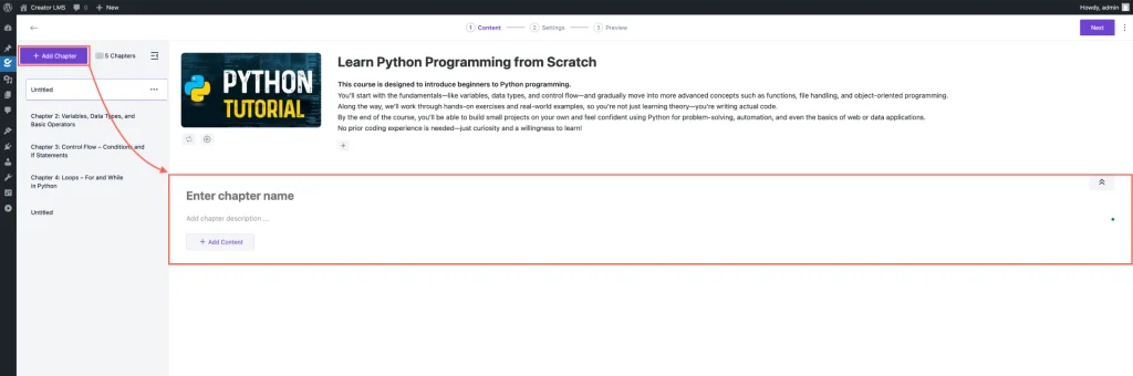 Add a New Chapter-Creator LMS