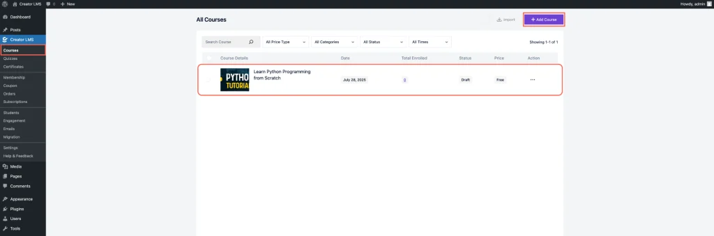 Creator LMS Course Dashboard