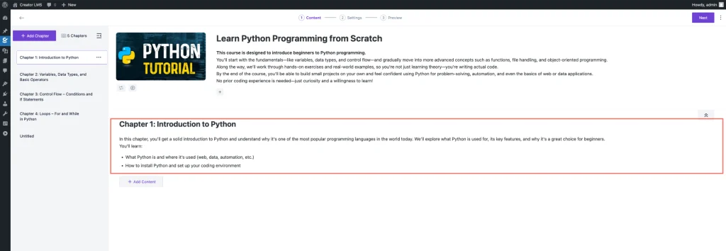 Add a New Chapter-Creator LMS