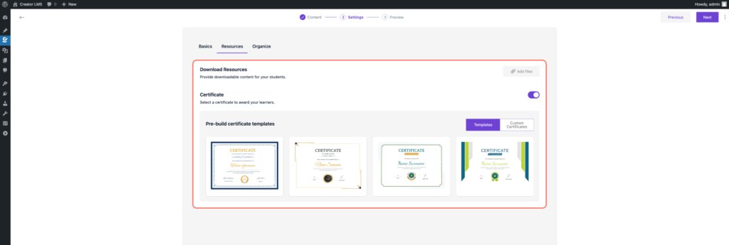 Resources Settings Dashboard