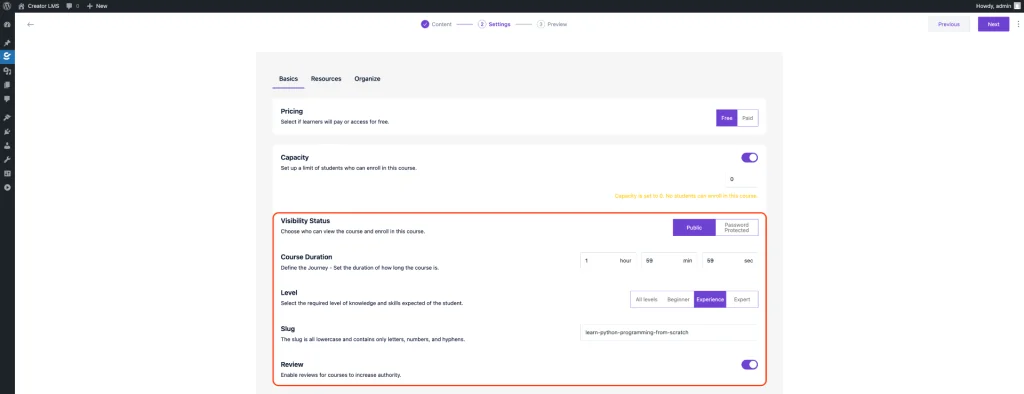 Course Duration and Others Settings