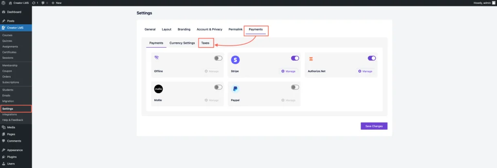 Creator LMS Settings 