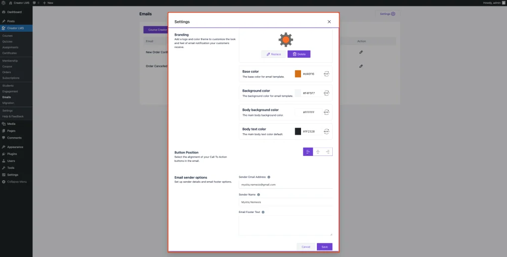 Edit Email Settings Info