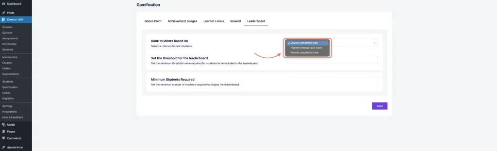 Leader Board Different Criteria 