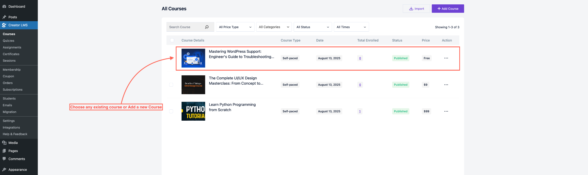 Choose any Course or a New Course