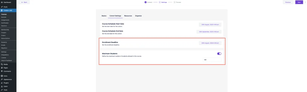 Set Enrolment Deadline and Limit 