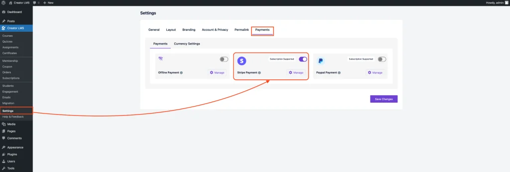 Stripe Settings - Creator LMS 