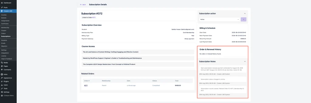 Subscription Notes and Order History 
