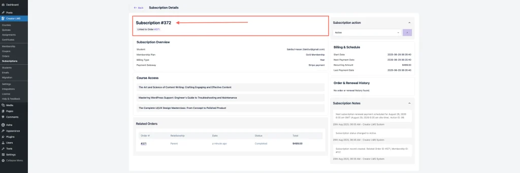 Subscription Order Number 