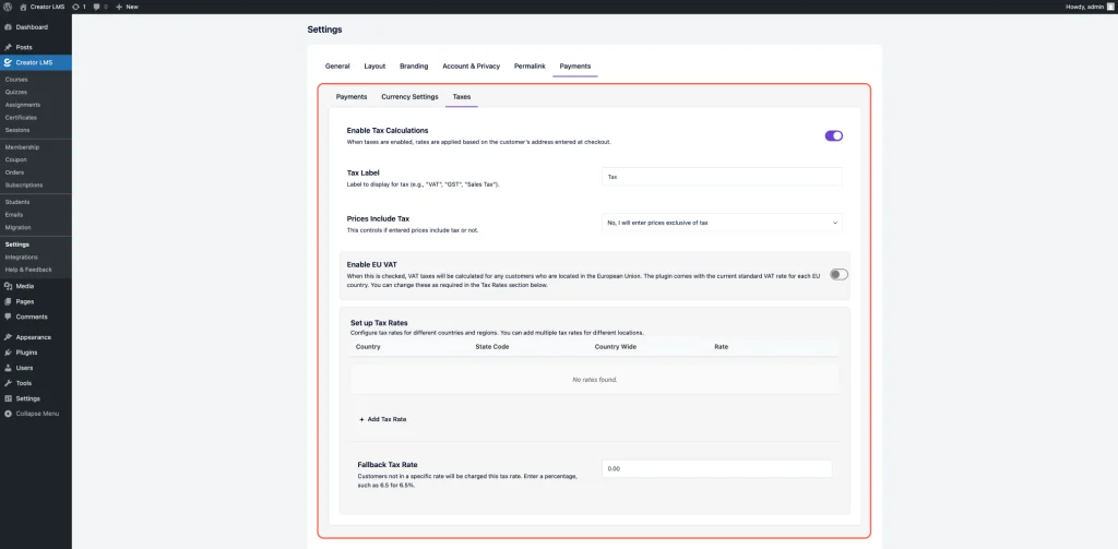 Creator LMS Settings 