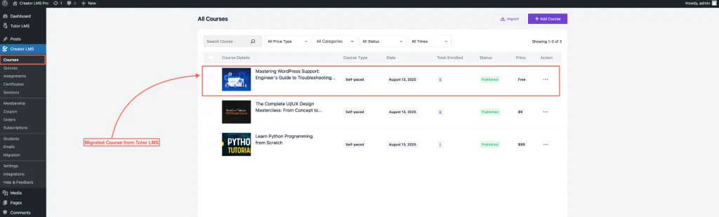Select the Migration Course 