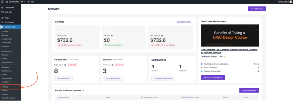 Creator LMS Settings 