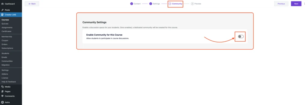 Enable Community for this Course 