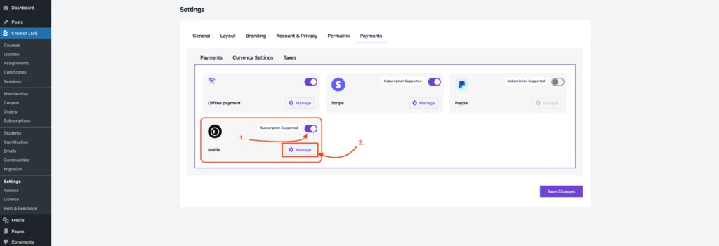 Mollie 3 Enable Mollie and Click Manage