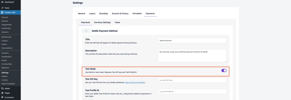 Mollie 6 Enable for Test Mode