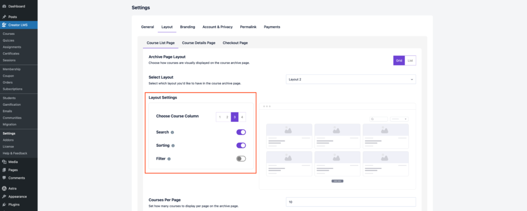 Layout Settings-Course List Page 