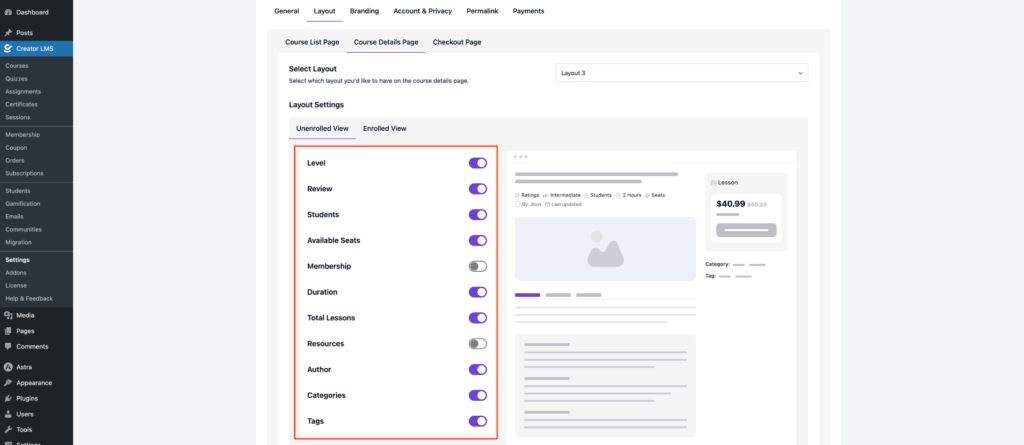 Layout Settings-Unenrolled View 