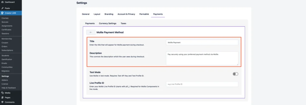 Mollie 5 Set the Mollie Title and Description