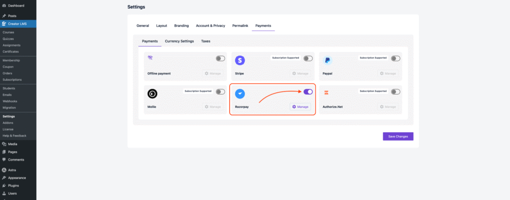 Enable Razorpay Options