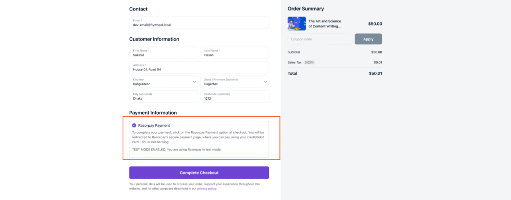 Razorpay In Checkout Page