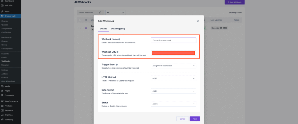 Set Webhook Name and URL