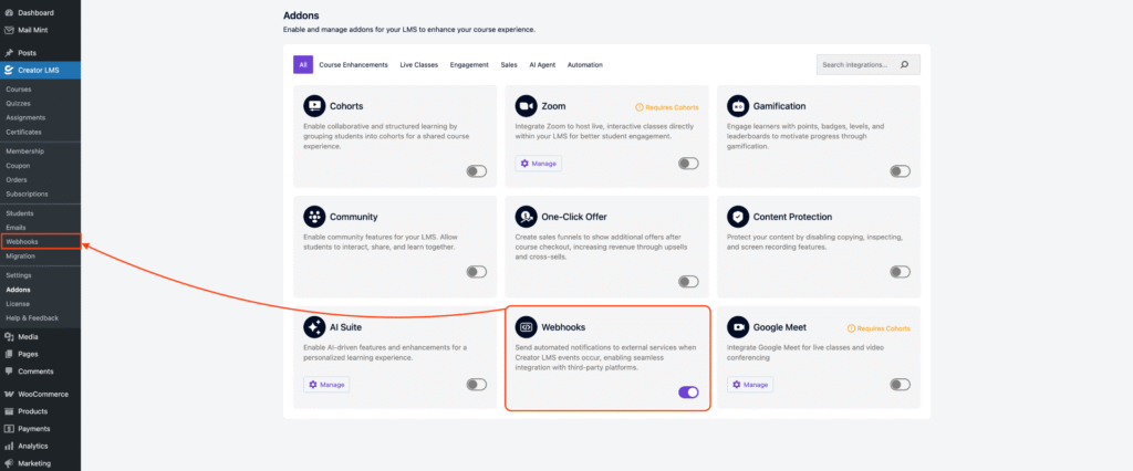 Webhooks Options in Left Sidebar