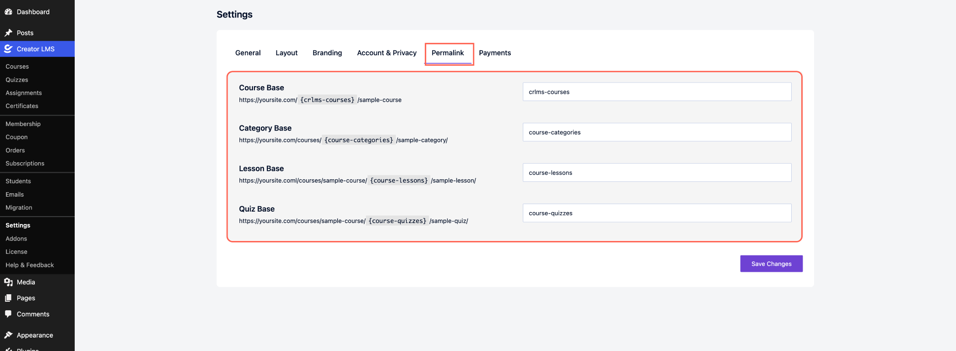 Configure Permalinks | Creator LMS