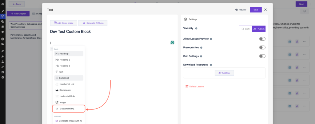 Choose the Custom HTML Block