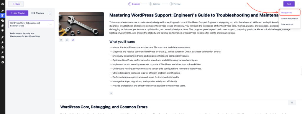 Click on Integration Option