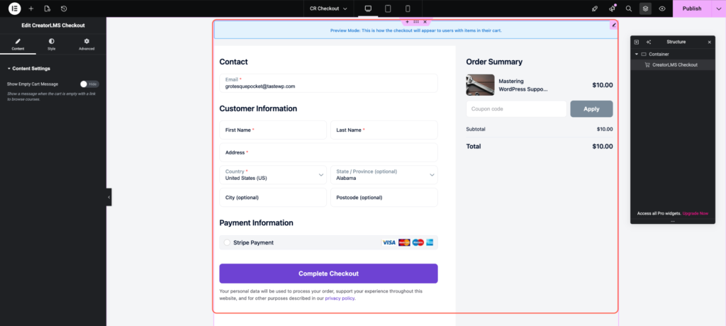 Put the Checkout Widget