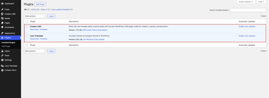 Install Creator LMS and Loco Translate Plugin