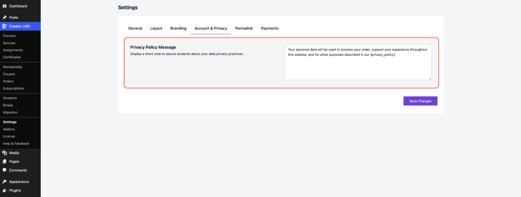 Settings General - Creator LMS