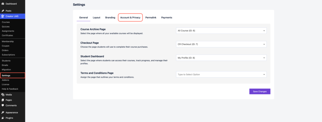 Settings General - Creator LMS
