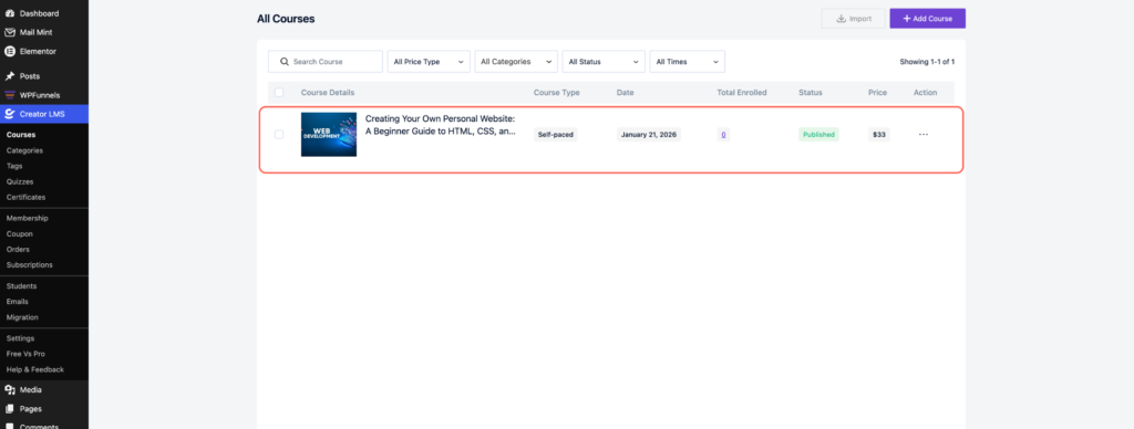Click on Course Section