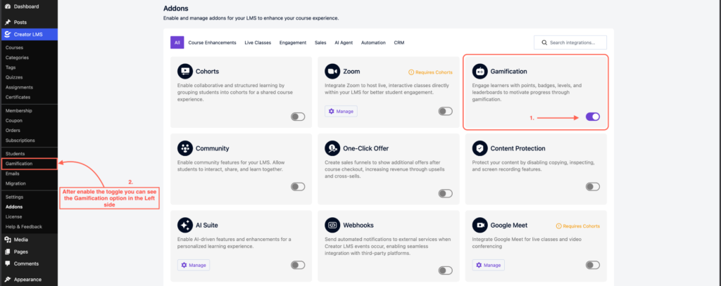 Enable the Gamification Addon