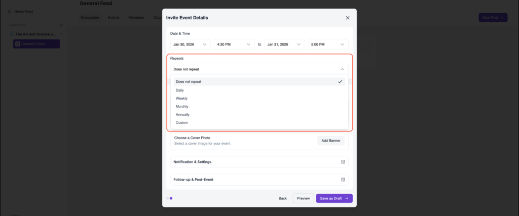 Set the Event Repeat option