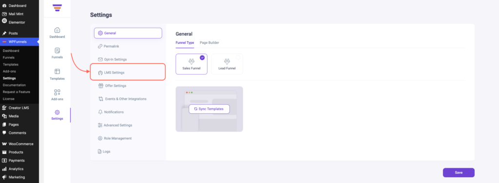 Locate WPFunnels LMS Settings