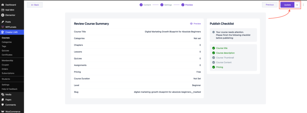 Update or Publish the Course