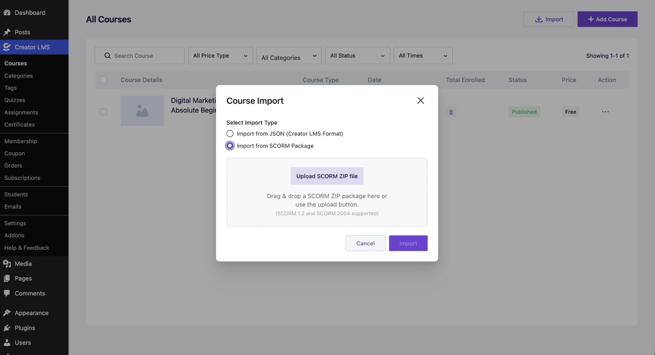 Importing Courses Creator LMS